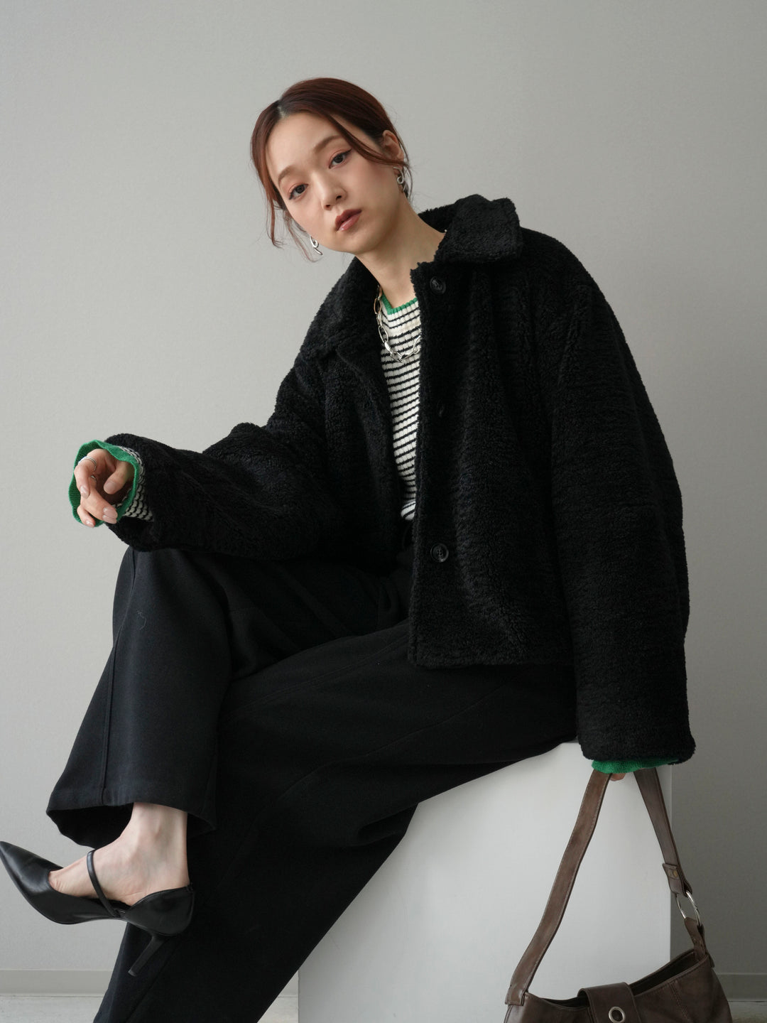 [SET]エコファーステンカラージャケット+ラメ異素材ボーダーリブニットプルオーバー(2set)