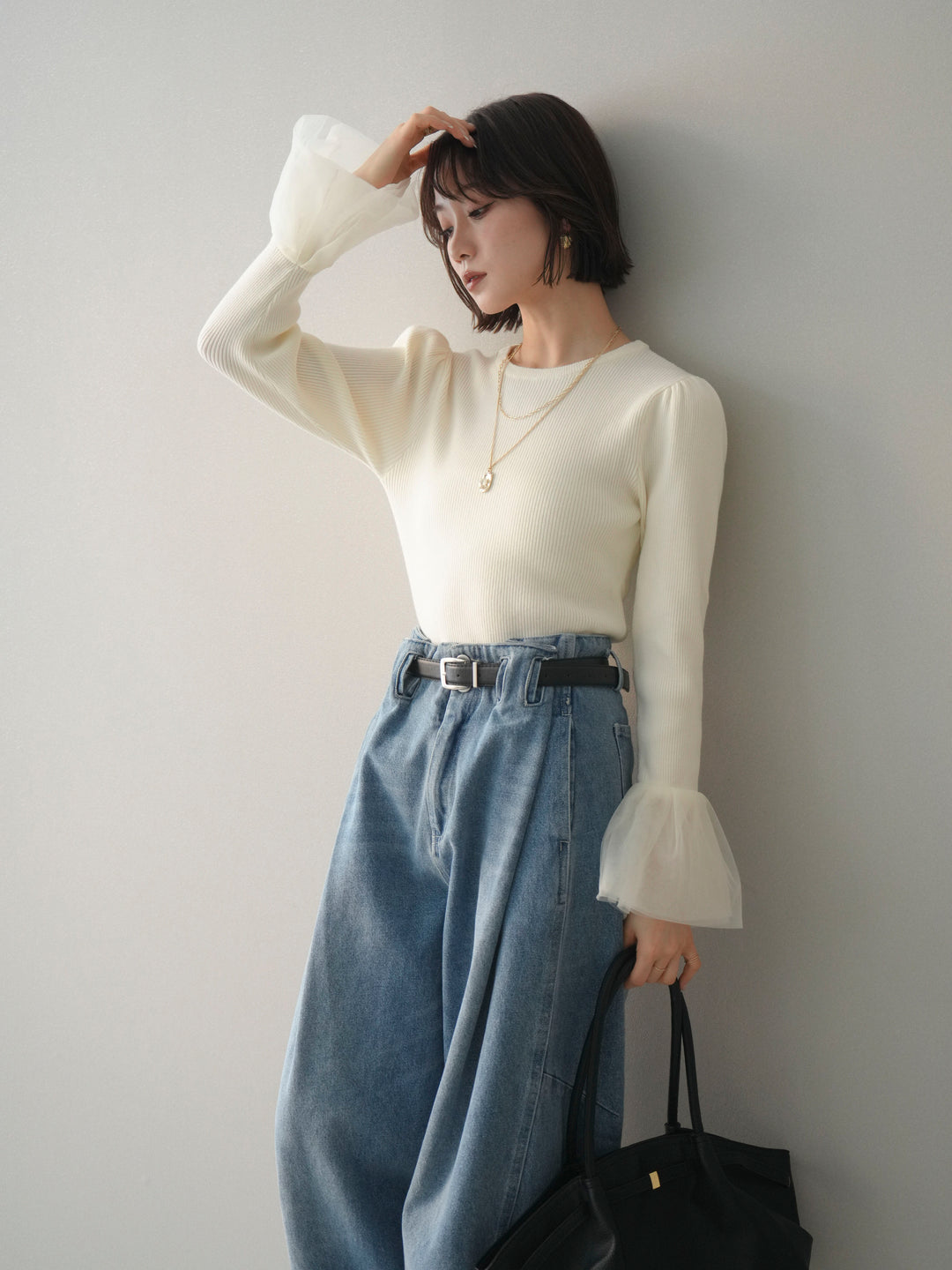 [SET]袖チュールパワショルリブニットトップス+選べるアクセセット(2set)