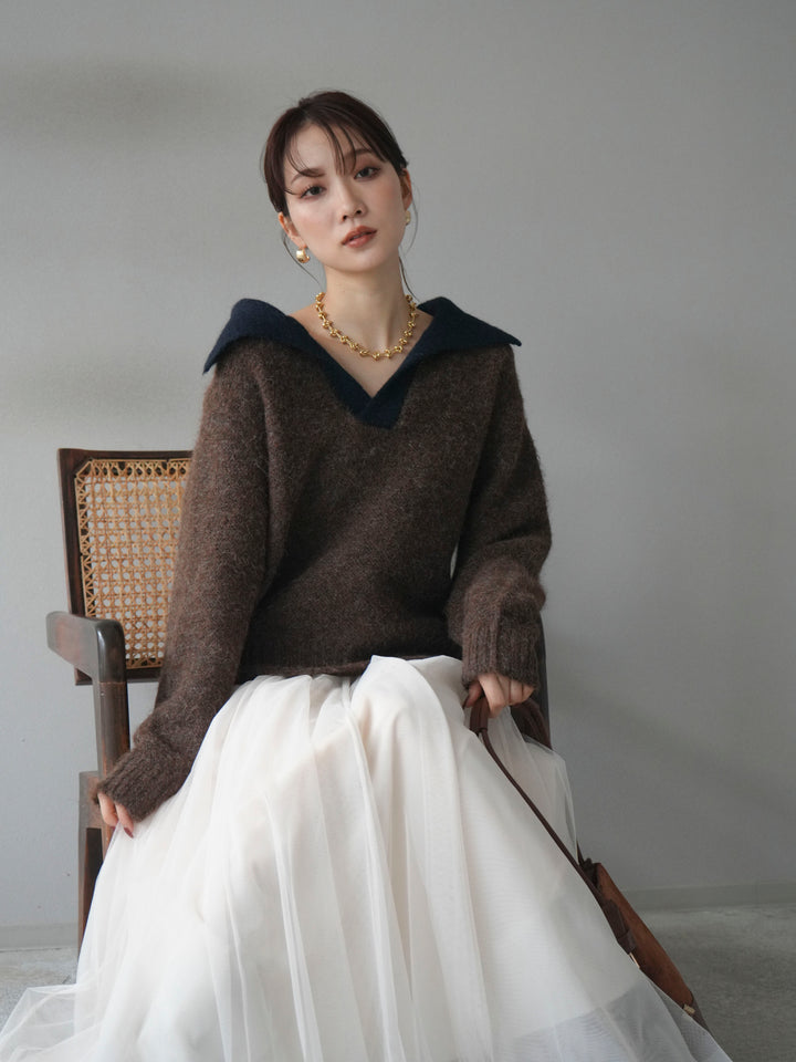 [予約]バイカラー襟付きニットプルオーバー/brown