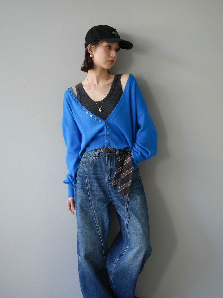 [予約]デザインボタンニットカーディガン＆タンクトップSET/ブルー