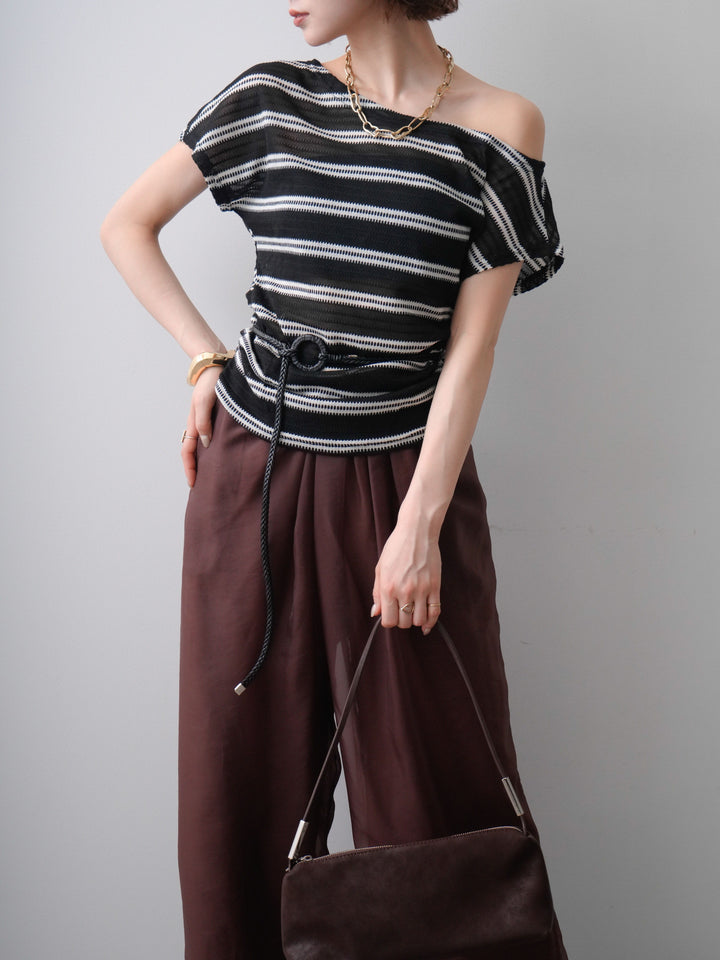 [SET]ベルト付透かし編みアシメボーダーニットトップス+シアーレイヤードフロントタックイージパンツ(2set)