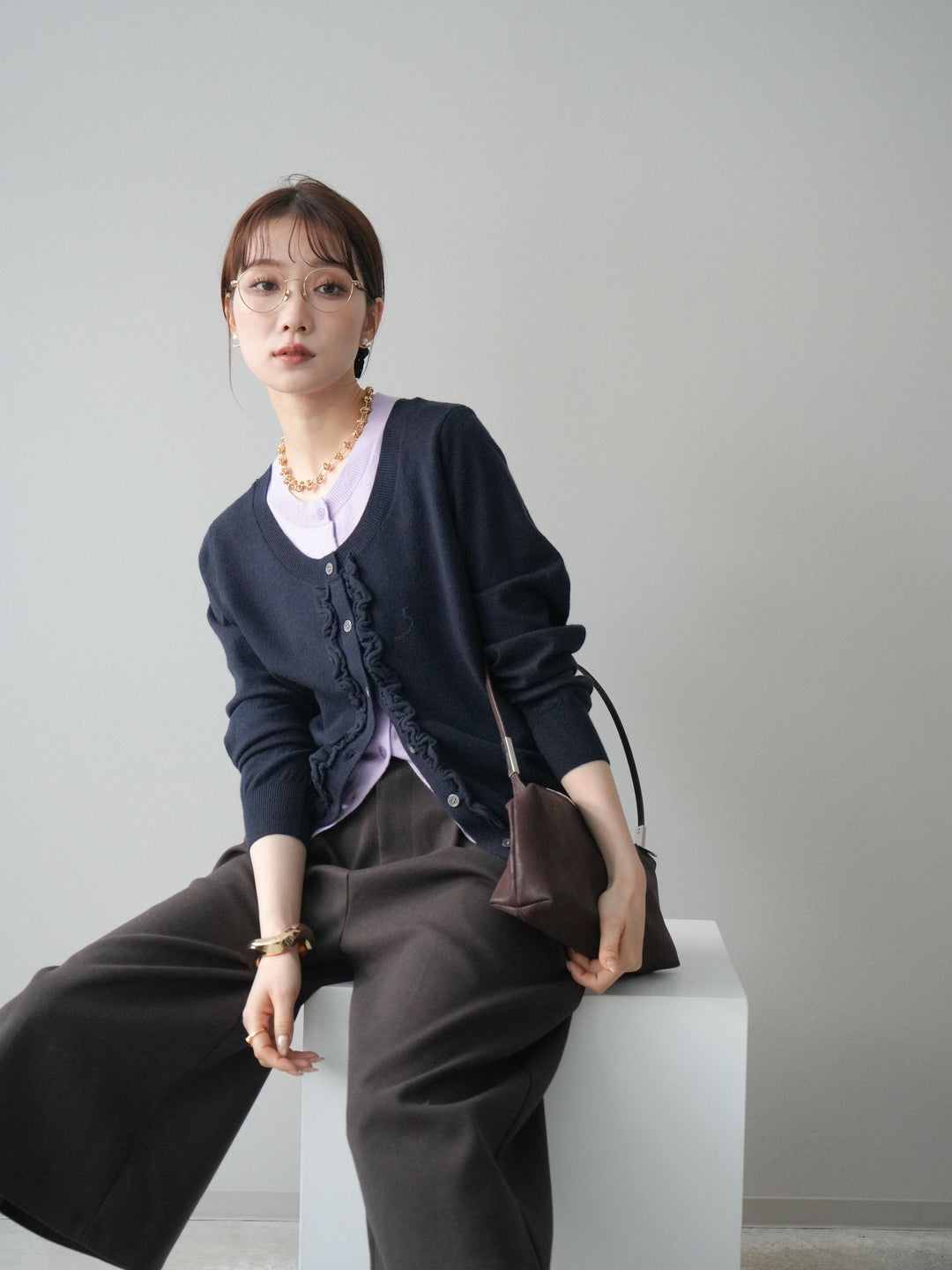 [予約]配色レイヤードフリルデザインニットカーディガン/black