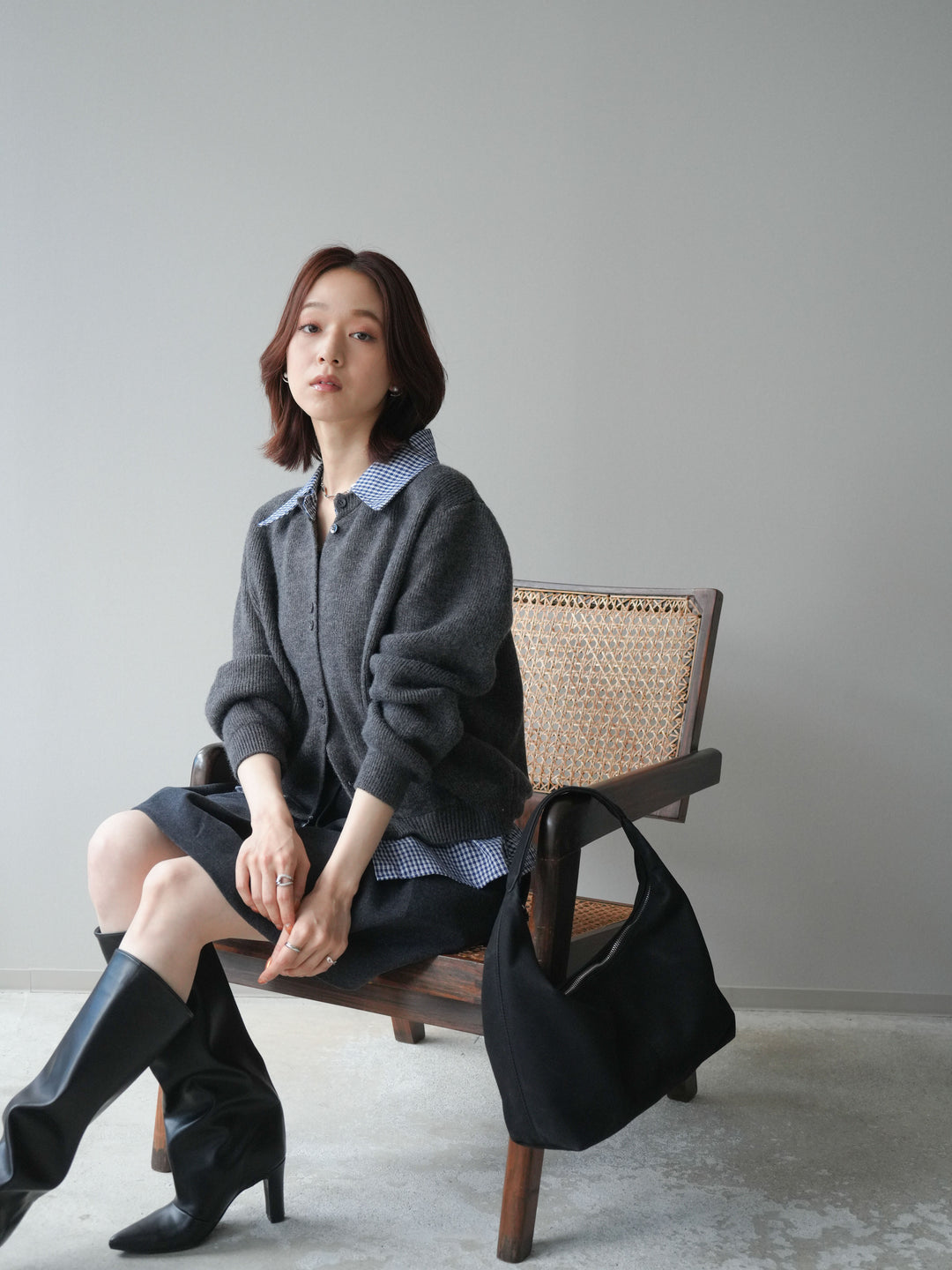 [SET]チェックシャツ襟ニットカーディガン+ベルト付きタックミニスカート(2set)