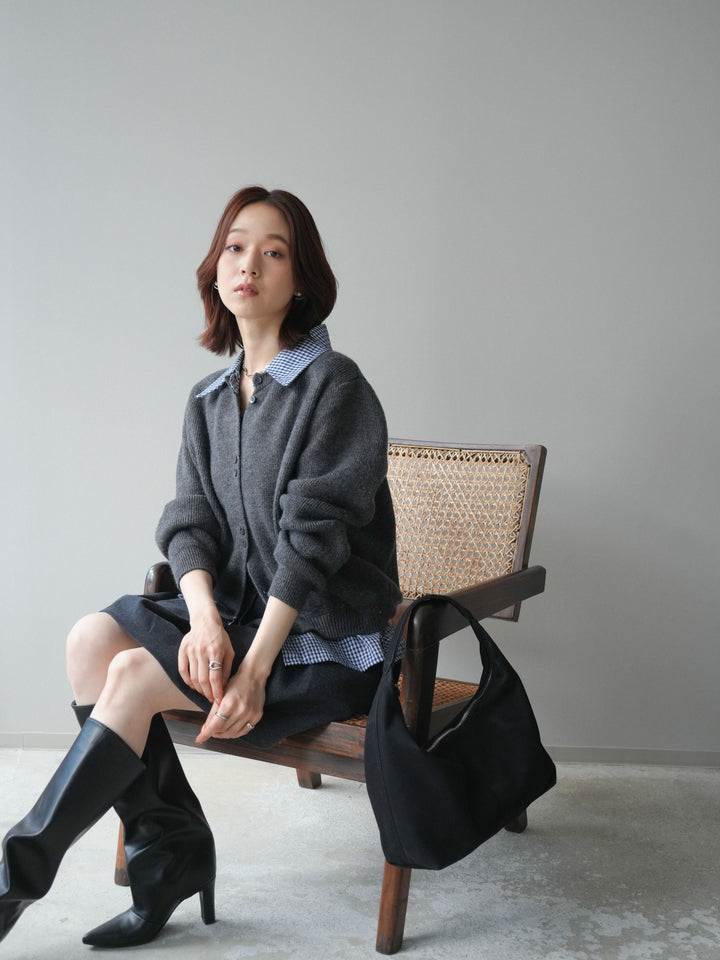 [SET]チェックシャツ襟ニットカーディガン+ベルト付きタックミニスカート(2set)