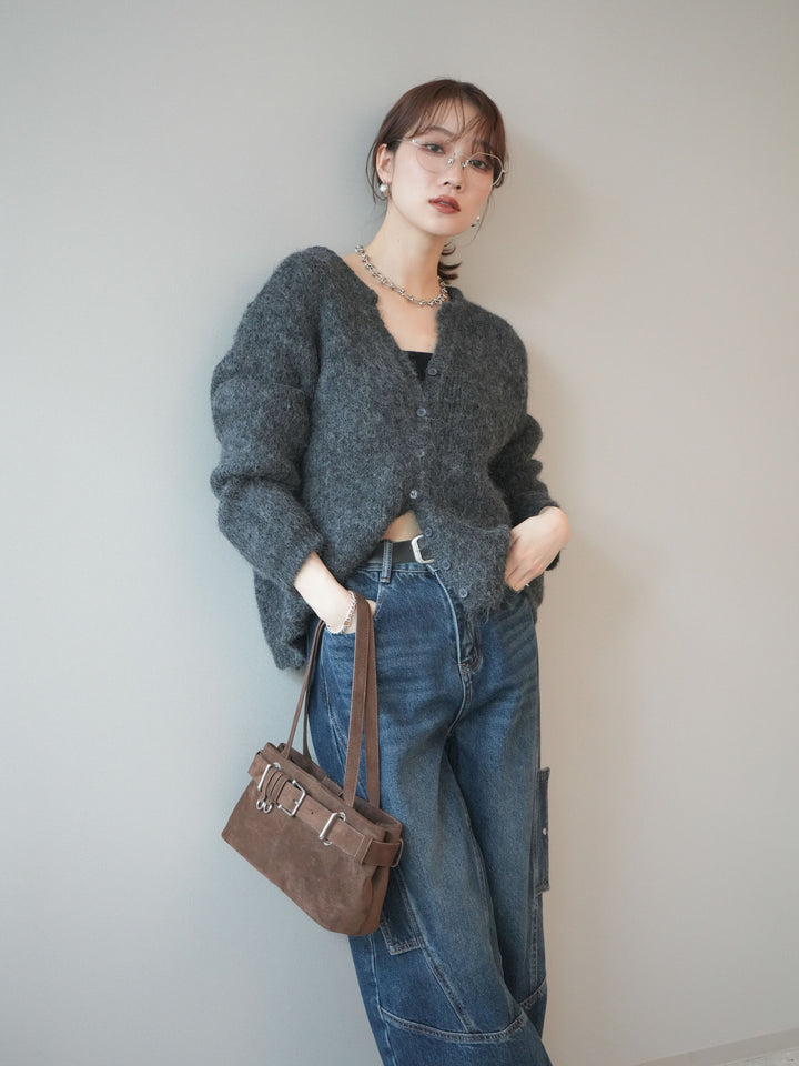 [予約]キーネックシャギーニットカーディガン/gray