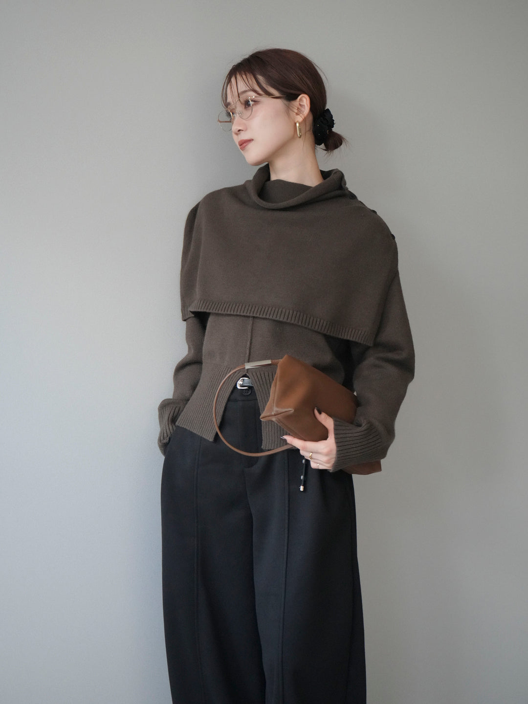 [予約]フロントスリットネックアンサンブルニット/khaki