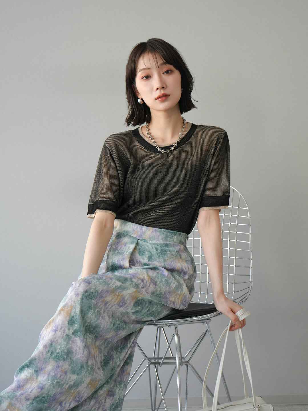 [SET]リネンタッチ配色二重臼ハーフニットトップス+選べるアソート柄スカートセット(2set)