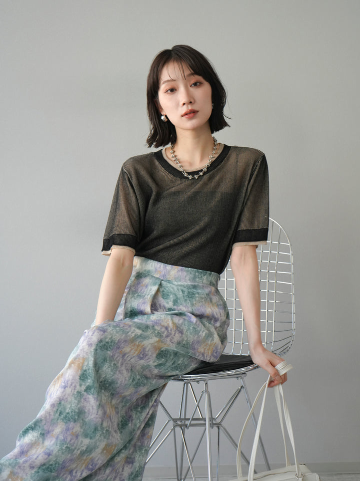 [SET]リネンタッチ配色二重臼ハーフニットトップス+選べるアソート柄スカートセット(2set)