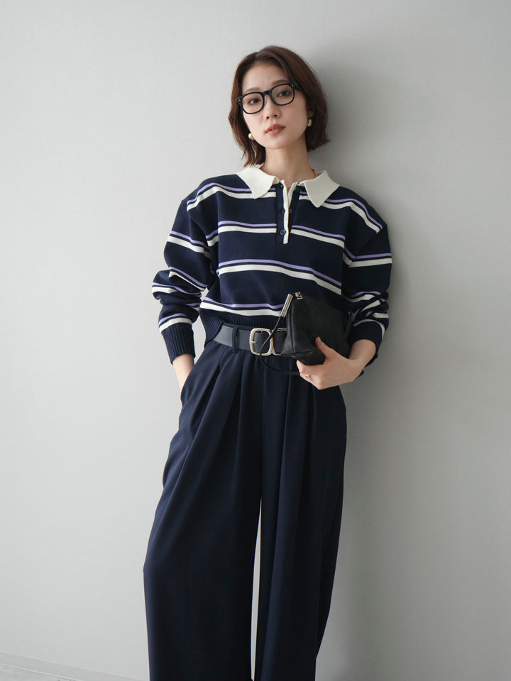 [予約]マルチボーダーポロニットトップス/navy