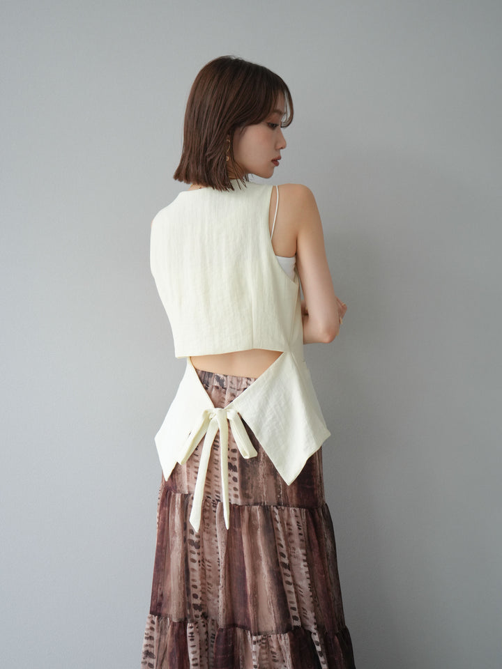 [SET]リネンタッチバックオープンベスト＆ニュアンス柄マキシスカートSET UP(2set)