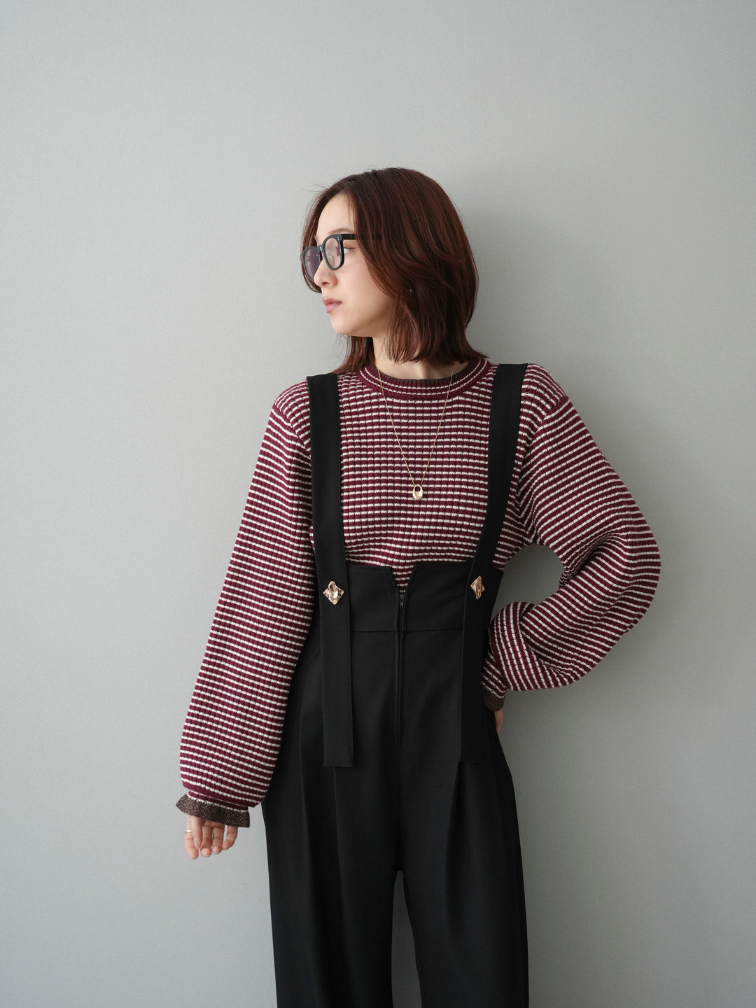 [SET]ラメ異素材ボーダーリブニットプルオーバー+ゴールドボタンサスペンダーワイドパンツ(2set)