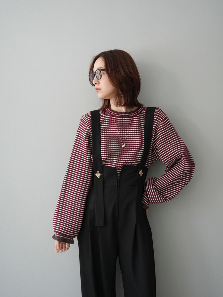 [SET]ラメ異素材ボーダーリブニットプルオーバー+ゴールドボタンサスペンダーワイドパンツ(2set)