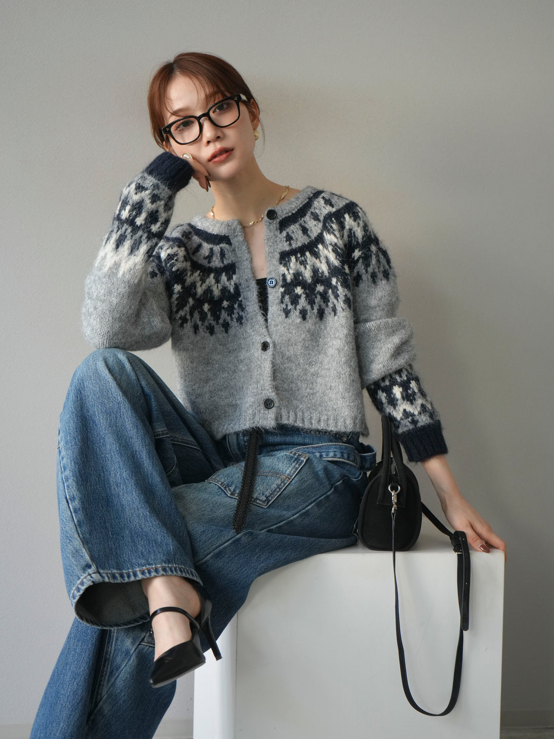 【着回しセット】[SET]求心柄クロップドニットカーディガン+ミックスヤーンペイズリー柄ニットカーディガン+ペインターカーブデニムパンツ(3set)