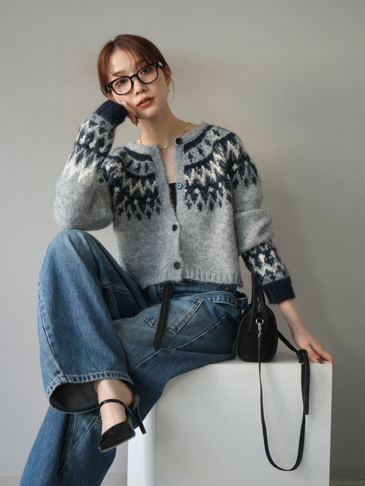 【着回しセット】[SET]求心柄クロップドニットカーディガン+ミックスヤーンペイズリー柄ニットカーディガン+ペインターカーブデニムパンツ(3set)