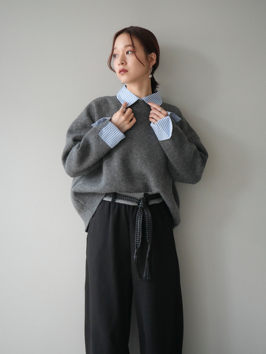 [SET]2WAYストライプ襟ニットプルオーバー+選べるアクセセット(2set)