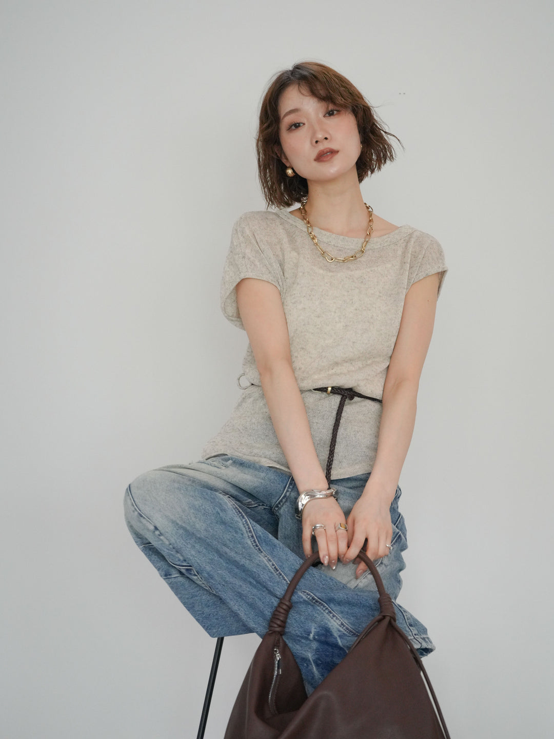 [予約]ベルト付アシメシアーニットトップス/beige