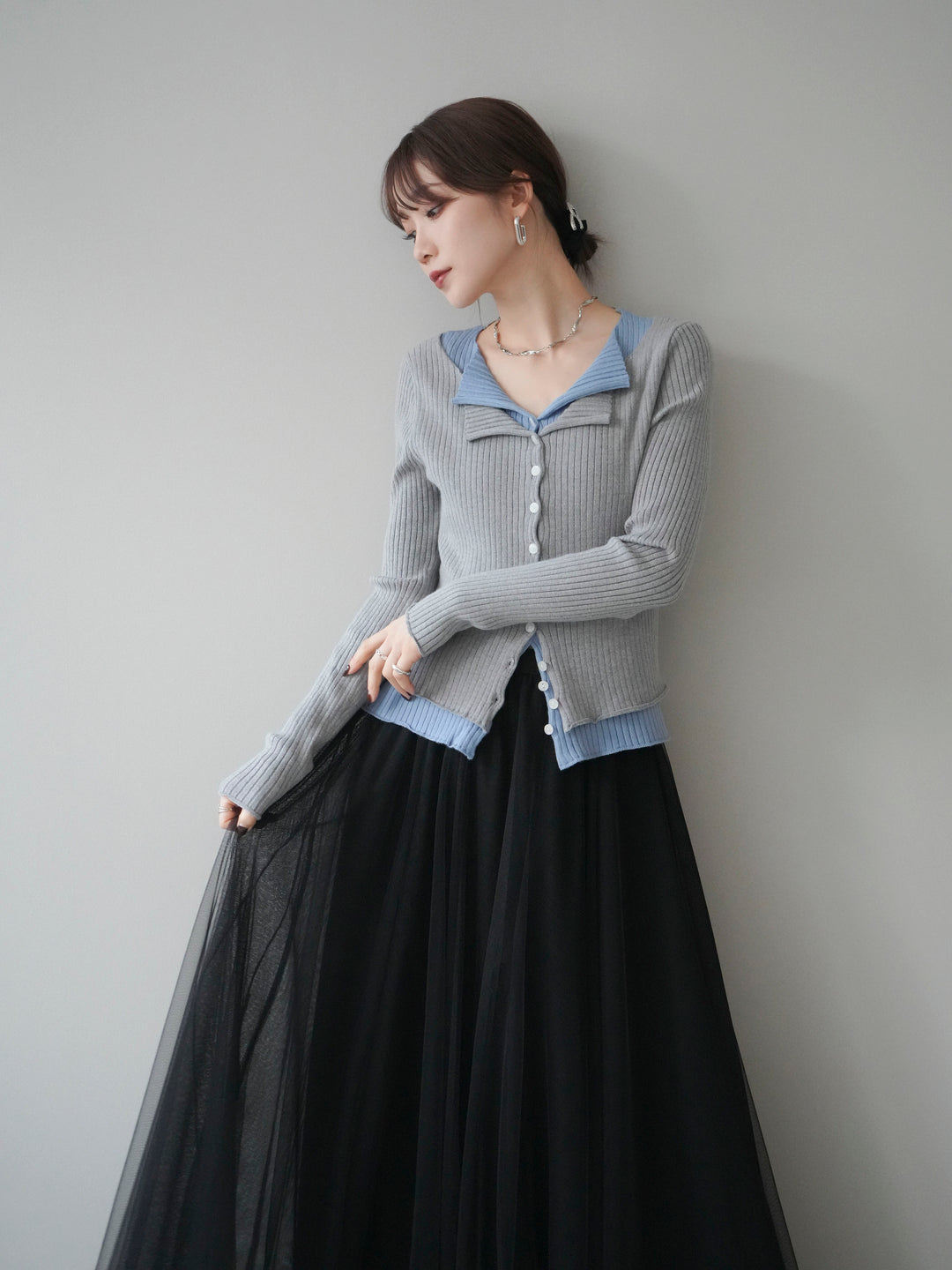 [予約]配色レイヤードリブニットカーディガン/gray