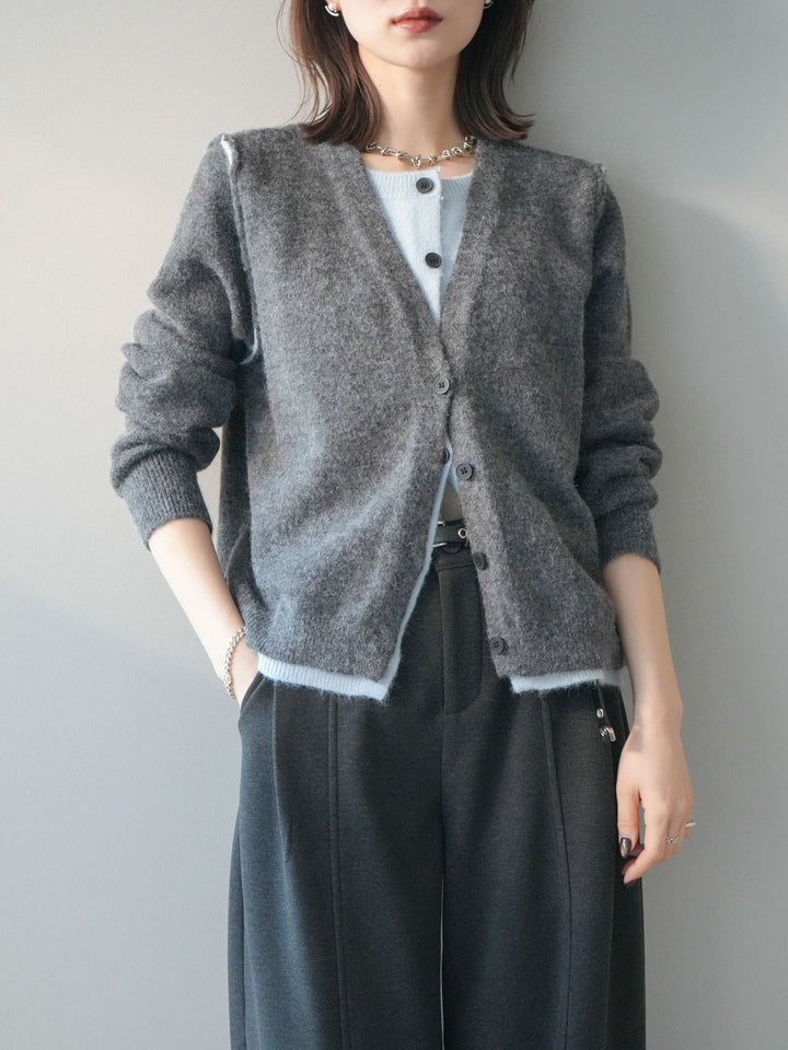 [予約]配色レイヤードニットカーディガン/gray