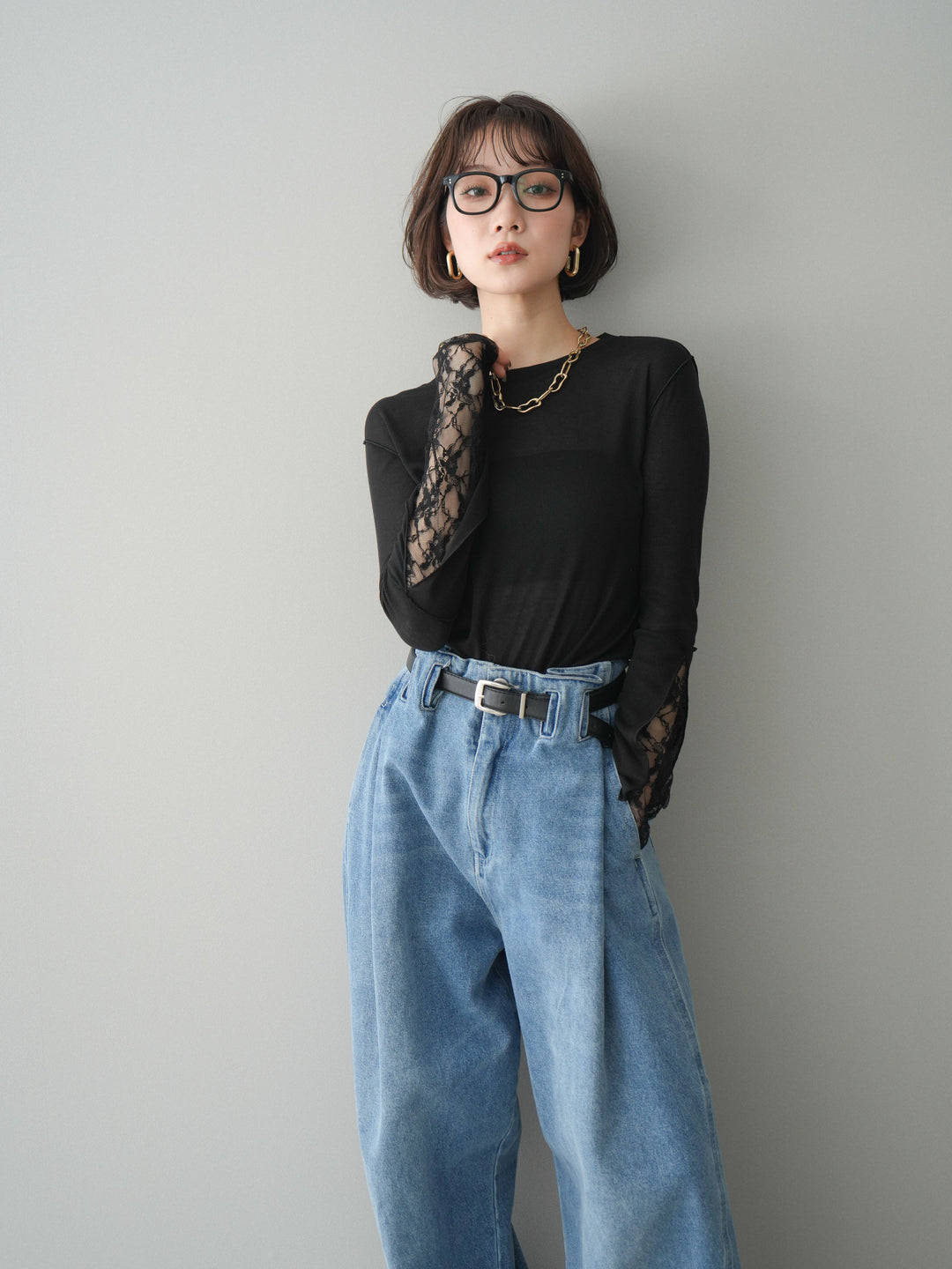 [予約]袖レースレイヤードデザインメロートップス/black