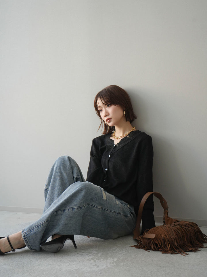 [SET]レースネックジャガードニットカーディガン+ダメージデニムセミワイドパンツ(2set)