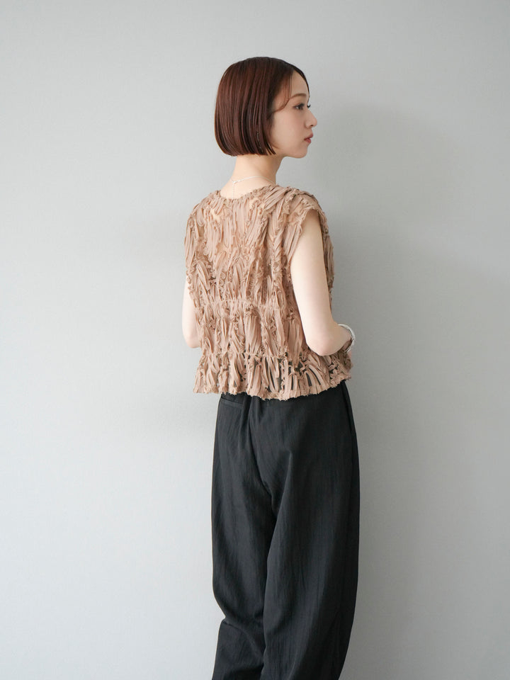 [SET] 提花蕾絲蝴蝶結上衣+麻質下擺迴力寬褲（2件套）