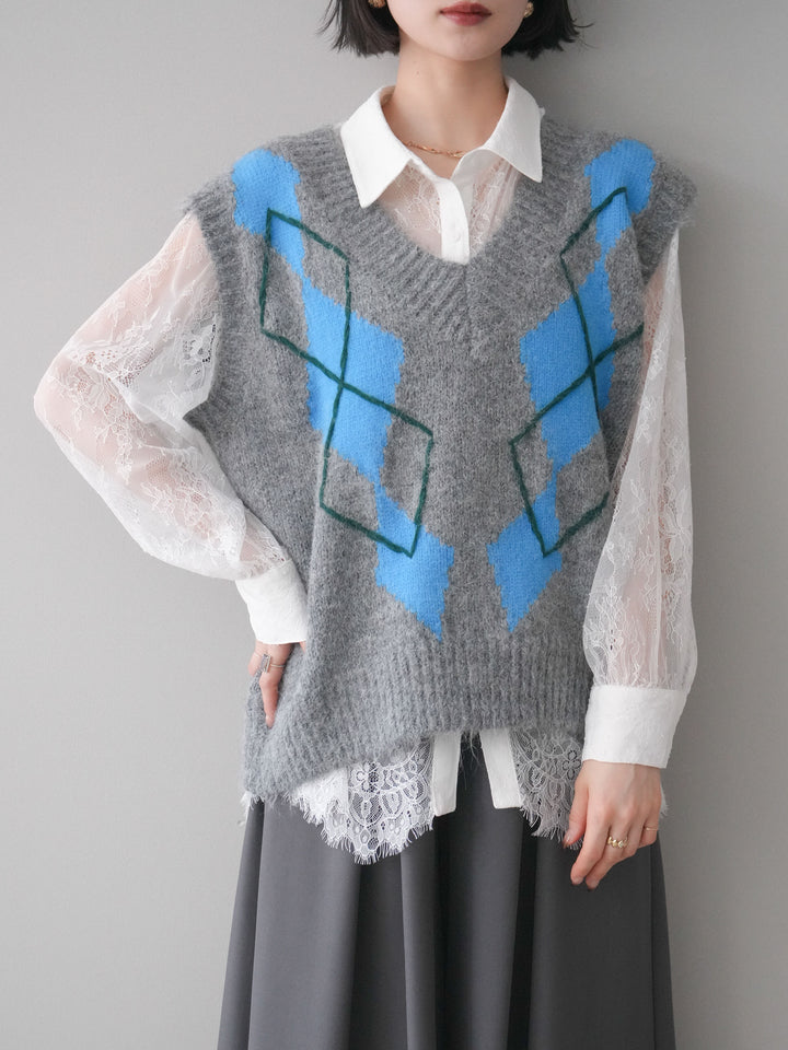 [SET]アーガイルVネックニットベスト+選べるアクセセット(2set)