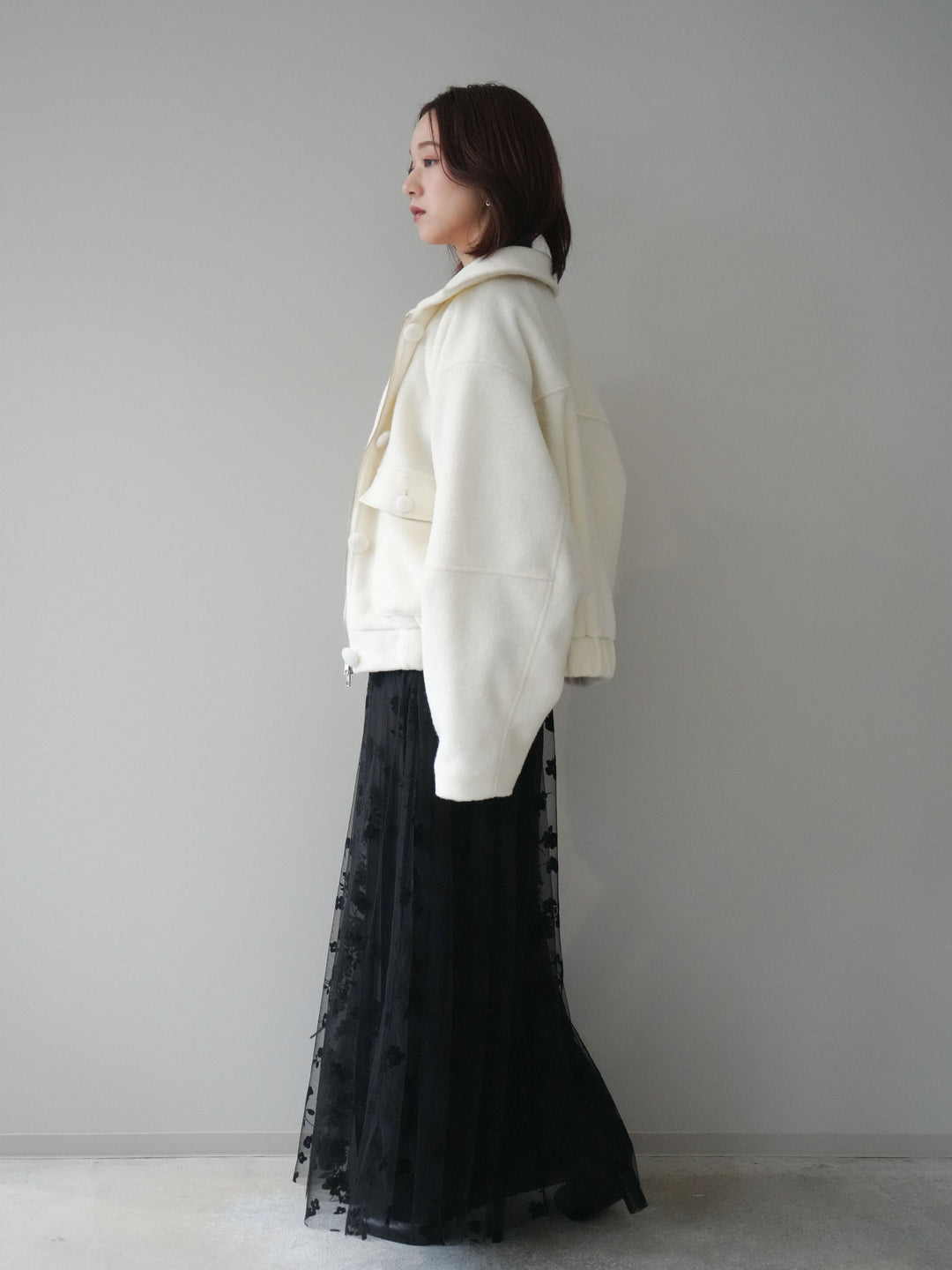 [予約]フラワーフロッキーチュールプリーツスカート/black