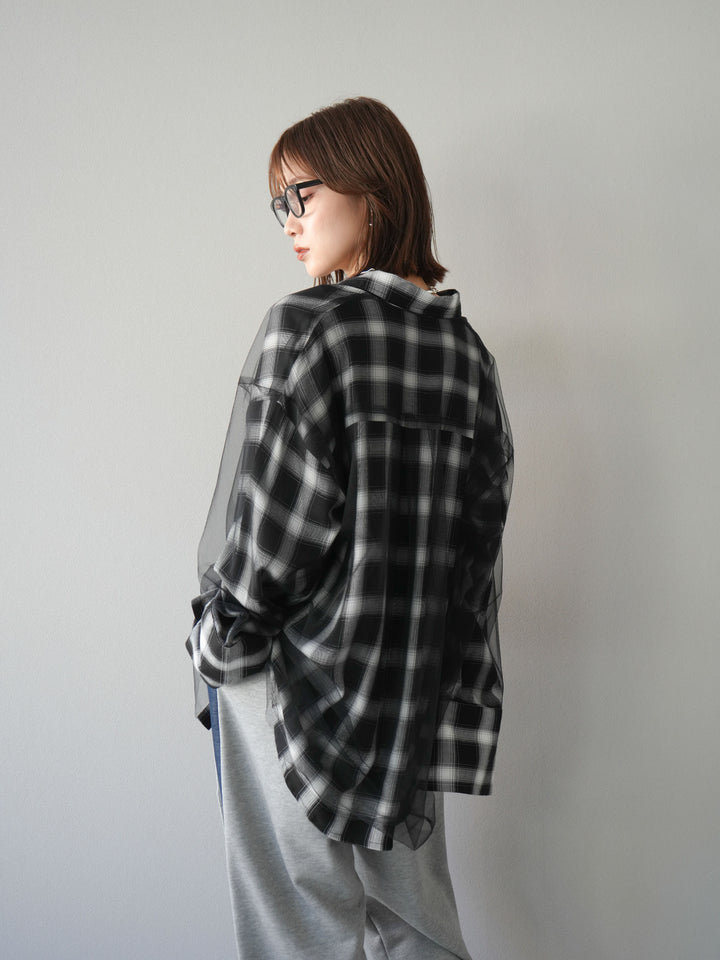 [套裝] 薄紗對接格紋寬鬆襯衫 + 牛仔布 Switch 2-Way 設計運動褲 (2 套)