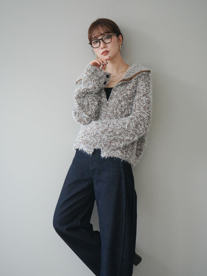 [予約]ミックスシャギージップニットカーディガン/brown