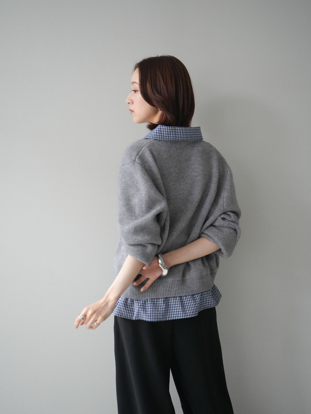 [SET]チェックシャツ襟ニットカーディガン+編み込みベルト付きウエスト配色スエットパンツ(2set)