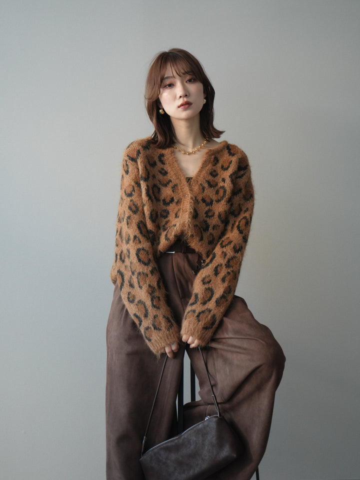 [SET]モヘアタッチレオパード柄ニットカーディガン+モチーフベルト付スエードタックワイドパンツ(2set)