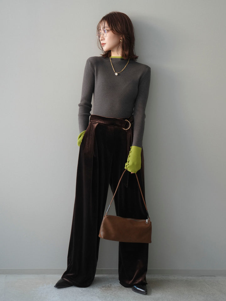 [SET]袖ボタンハイネック配色リブニットトップス+ベロアベルトスリムパンツ(2set)