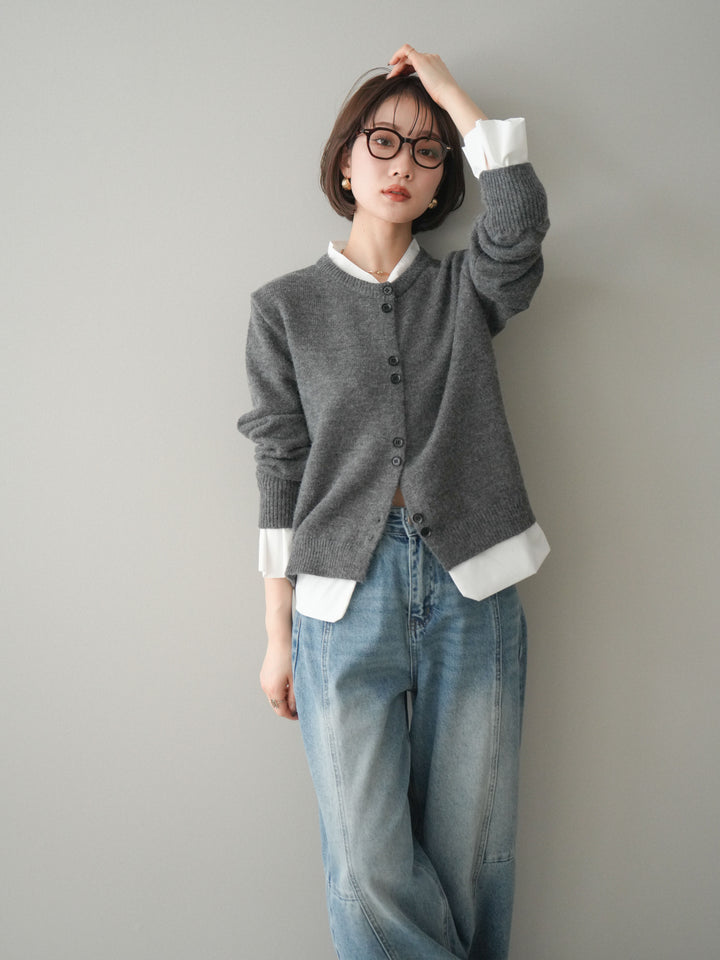 [SET]布帛ドッキングニットカーディガン+ガーメントウォッシュカーブデニムパンツ(2set)