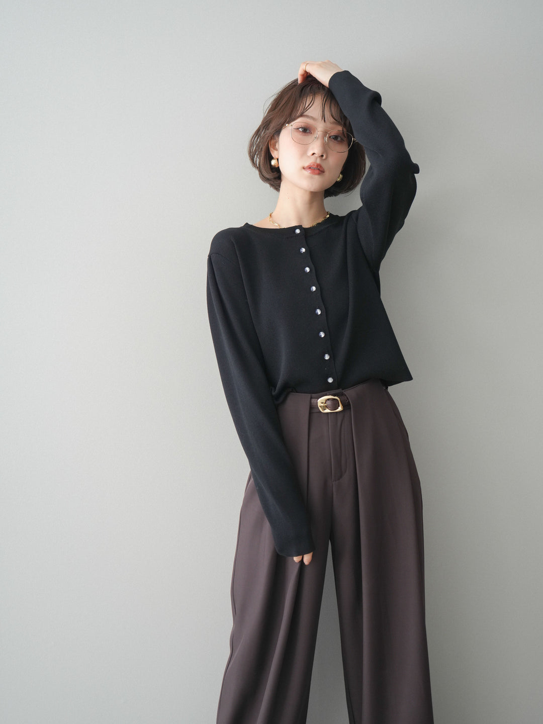 [予約]クリアボタンタックニットカーディガン/black