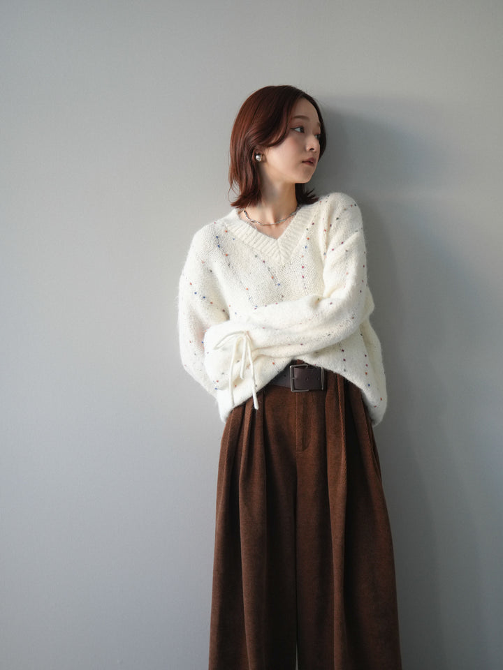 [SET]キャンディースリーブカラーネップスパンコールニットプルオーバー+ベルトデザインループコールテンワイドパンツ(ベルト付き)(2set)