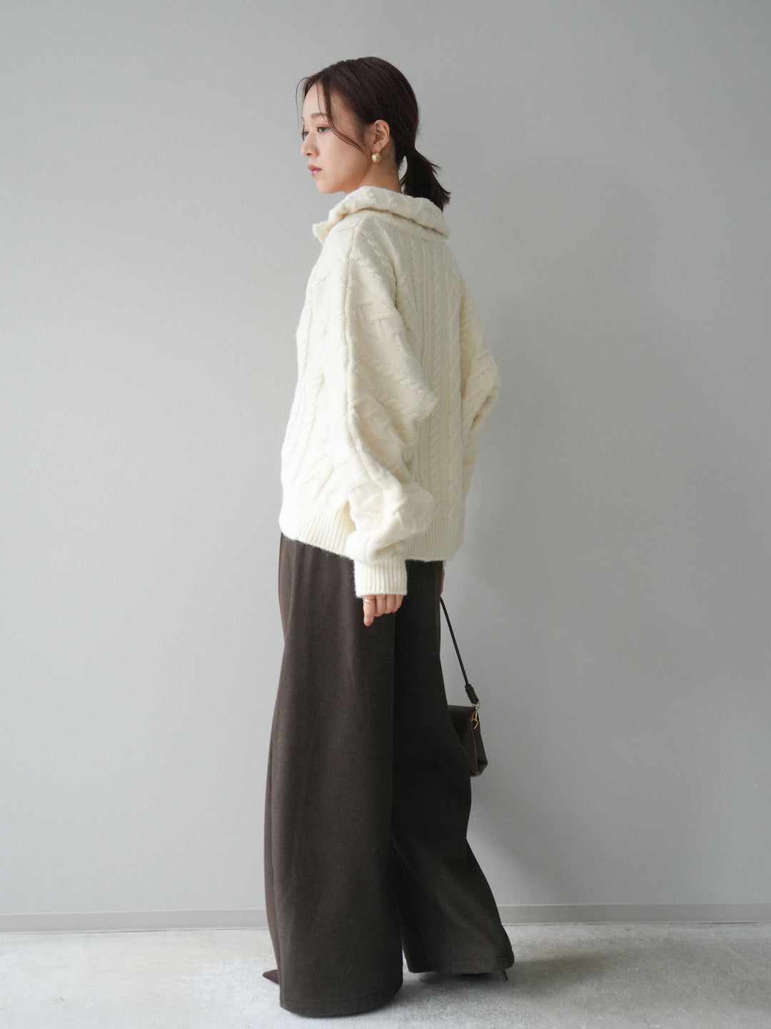 [SET]ケーブル編みハイネックZIPニットカーディガン+アニマル柄ベルト付きウールタッチワイドパンツ(2set)