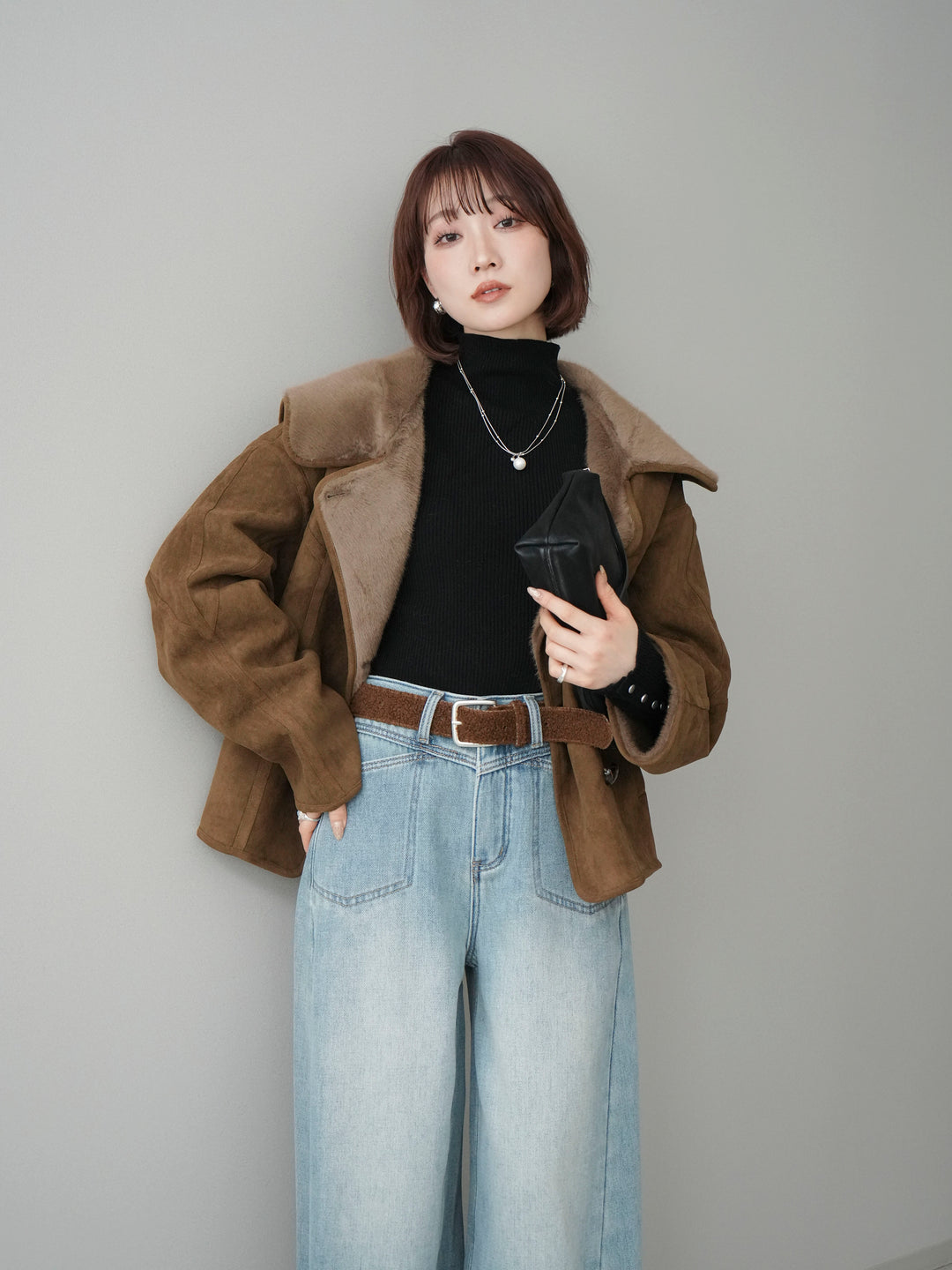 [SET]ムートンショートジャケット+ベルト付裏起毛カーブデニムパンツ(2set)