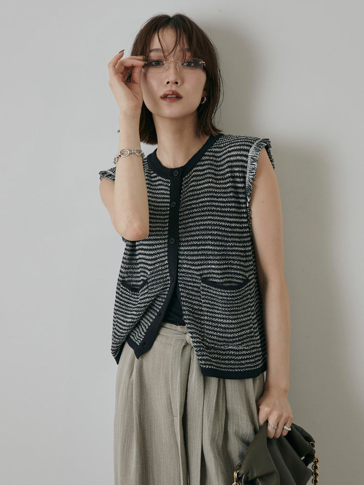 [予約]ボーダー袖フリンジニットベスト/ブラック