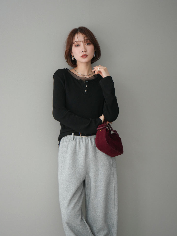 [予約]チュールレイヤードヘンリーネックカットソー/black