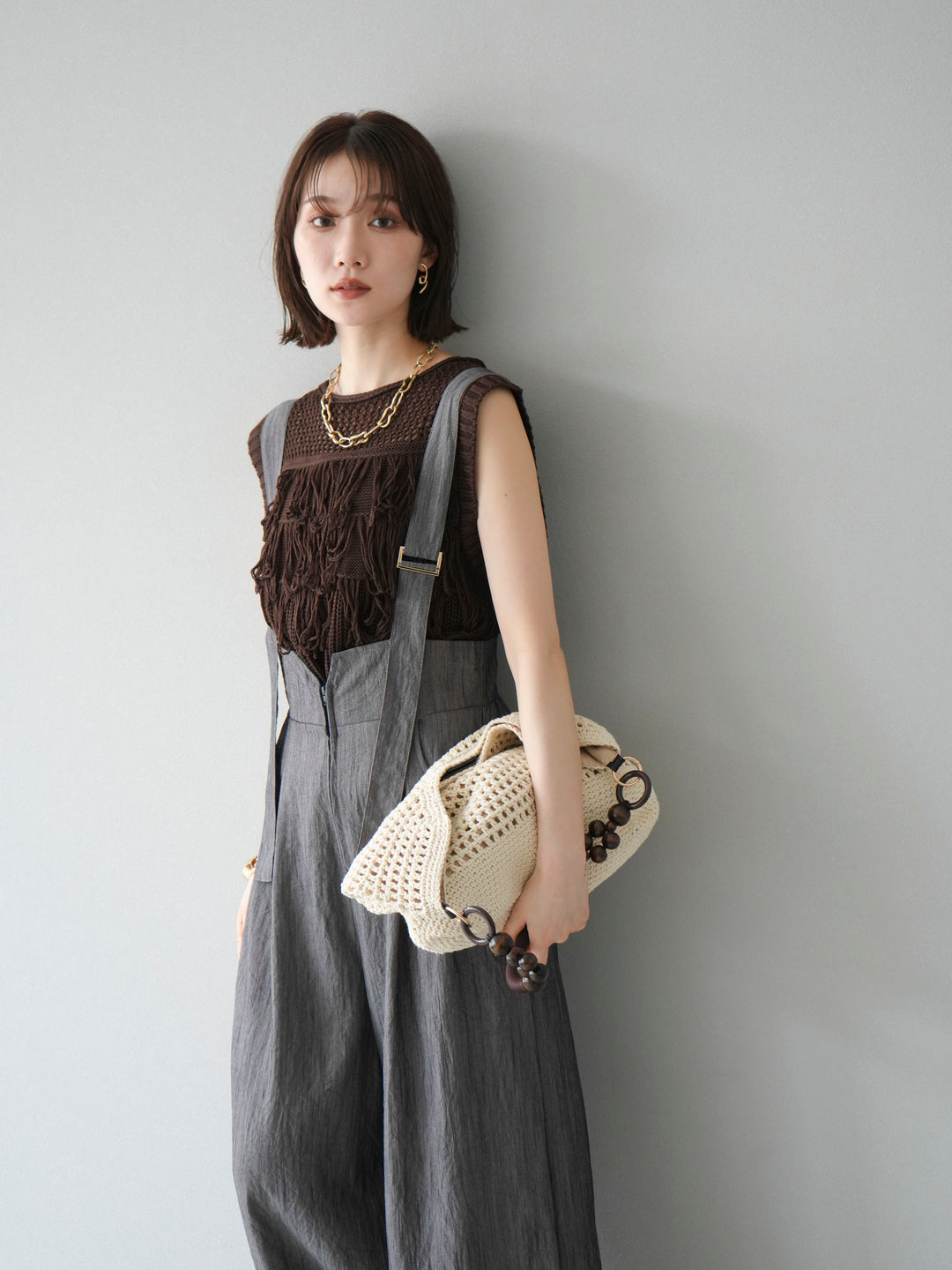 [予約]ストリングデザインハイウエストサロペット/チャコール