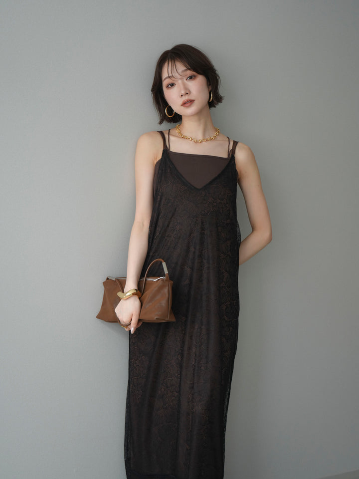 [予約]サテンレースレイヤードキャミワンピース/brown