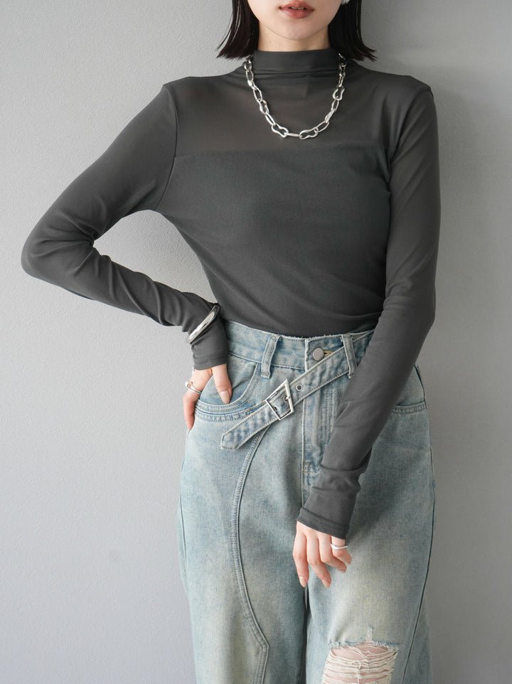 [SET]シアー切替ストレッチ長袖トップス+シアー切替ストレッチトップス(2set)