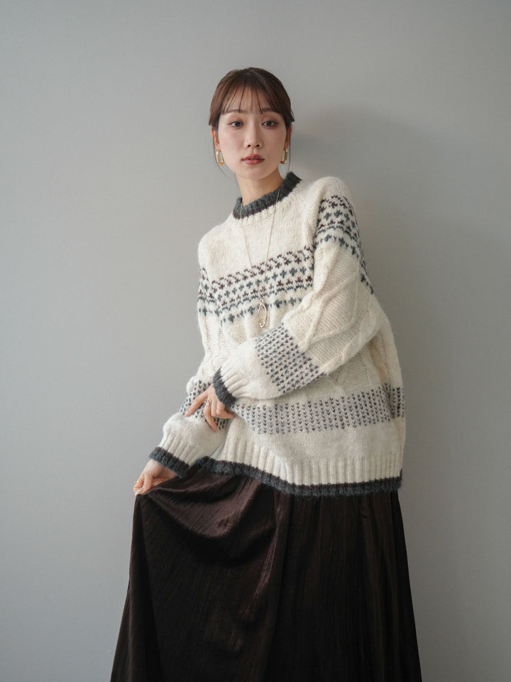 [予約]裾配色ノルディック柄ニットプルオーバー/White