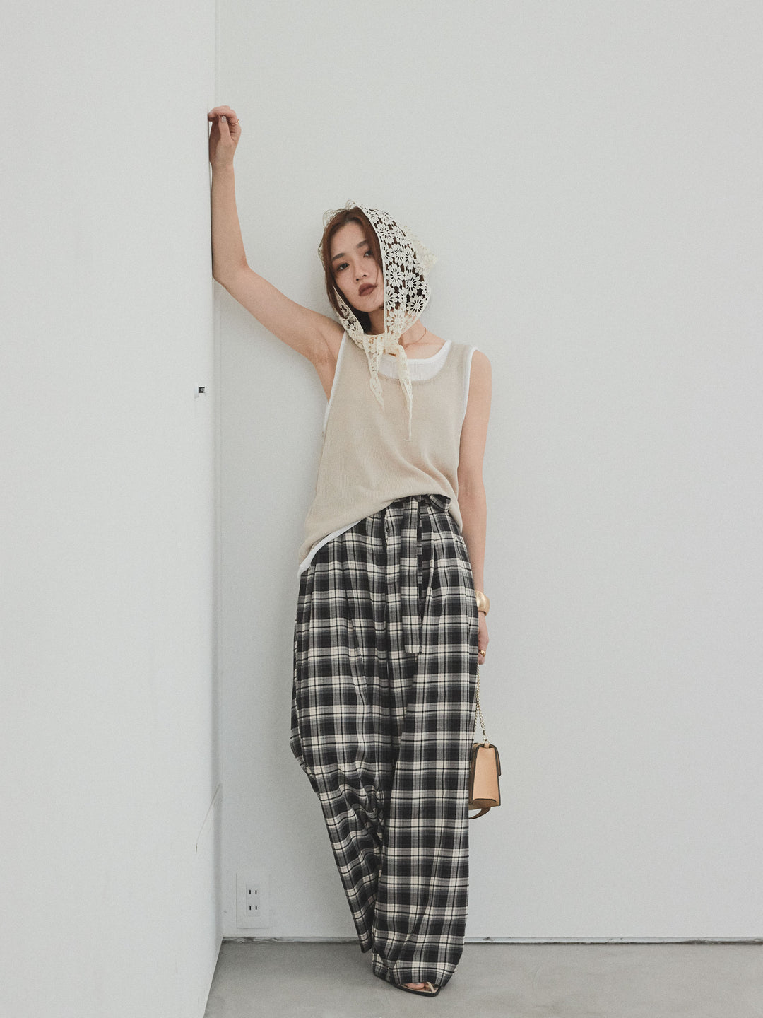 【SET】雙色疊穿針織背心+格紋寬褲（2套）