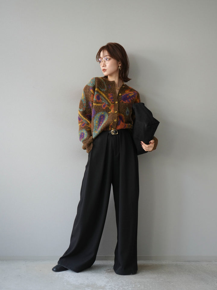 【着回しセット】[SET]求心柄クロップドニットカーディガン+ミックスヤーンペイズリー柄ニットカーディガン+ベルトループデザインワイドパンツ(3set)