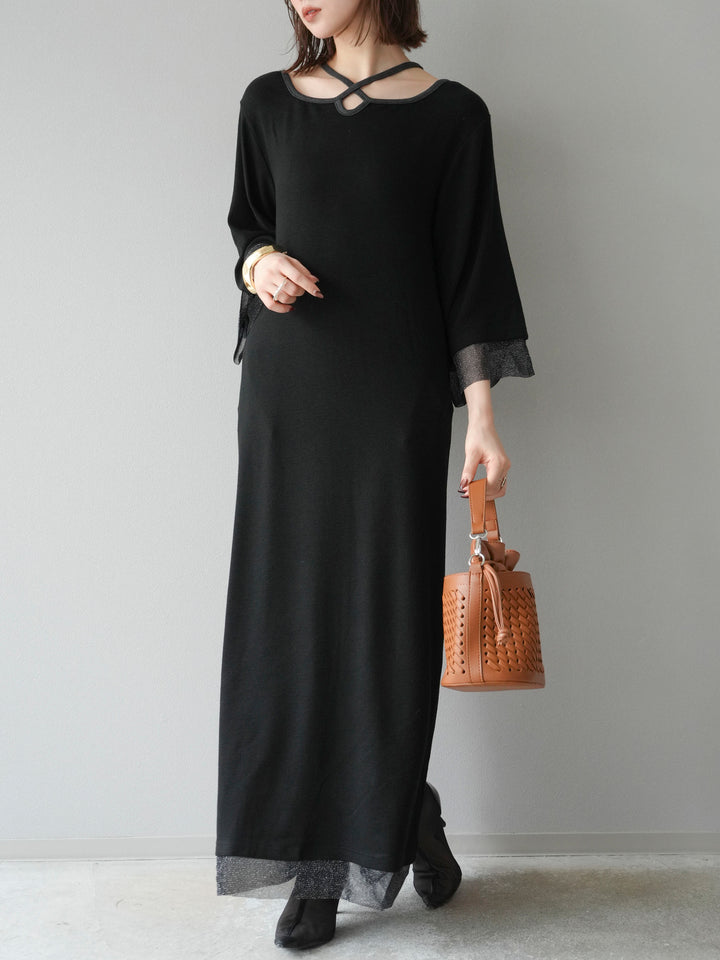 [予約]デザインネックラメシアー切替ニットワンピース/ブラック