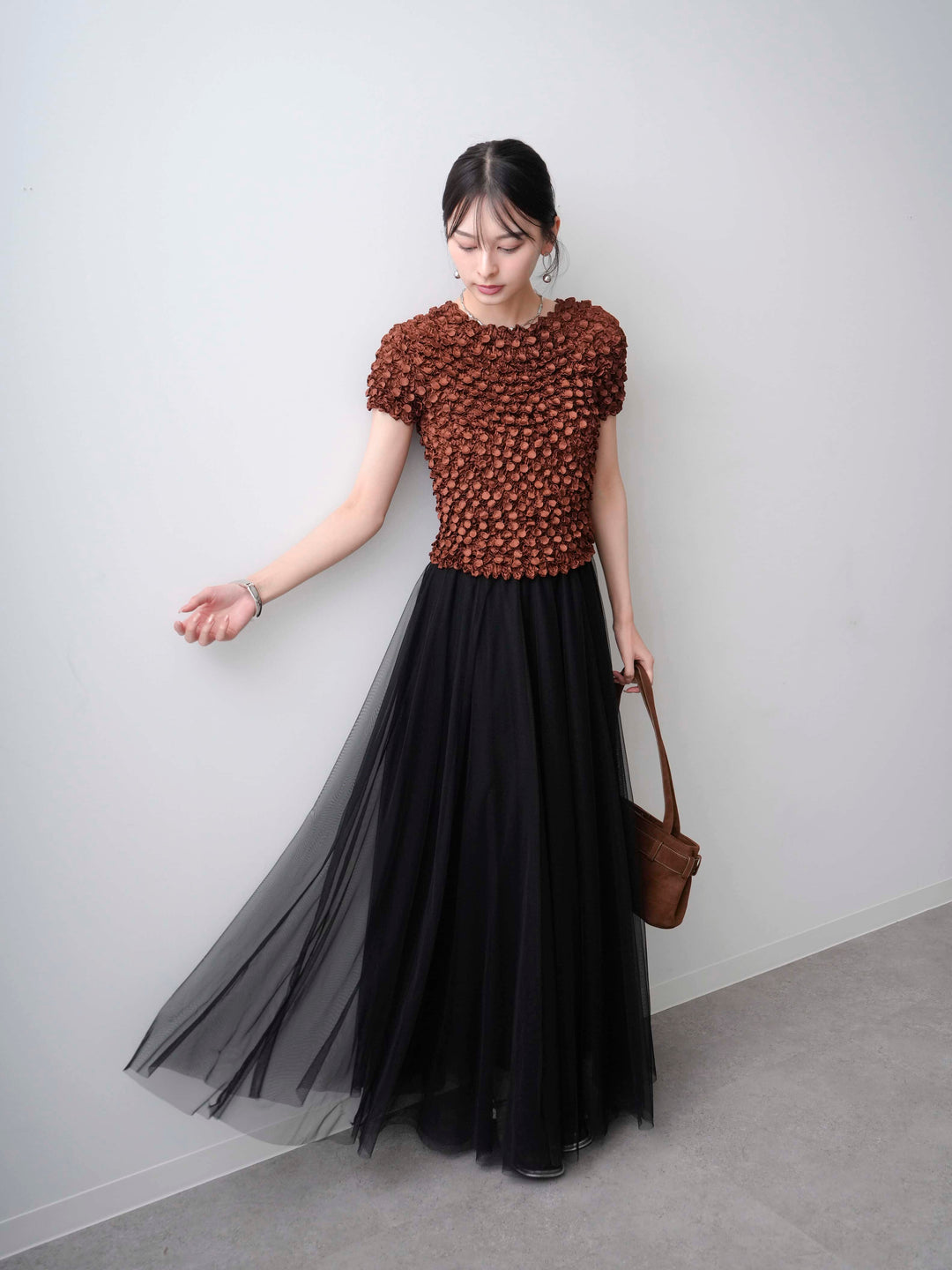 [SET]ドットスモッキングフレンチトップス+チュールボリュームスカート(2set)