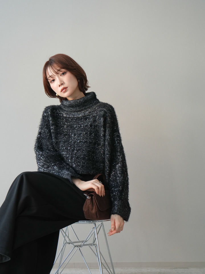 [SET]オフタートルケーブル編みニットプルオーバー+ベルト付きフロントタックワイドパンツ(2set)