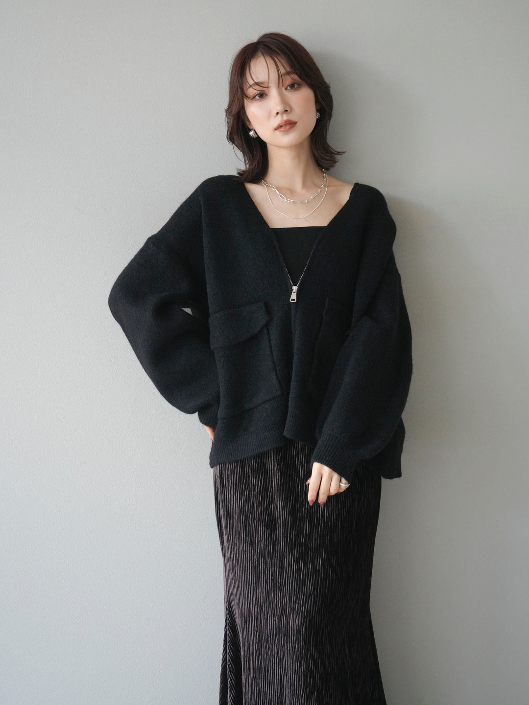 [予約]BIGポケットジップニットカーディガン/black
