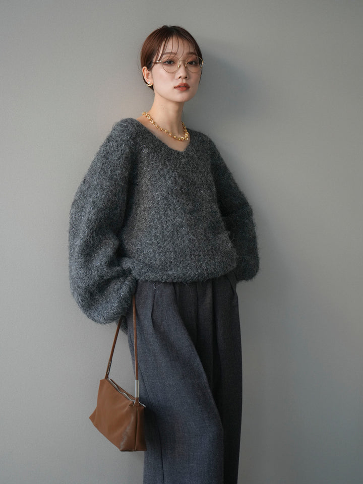 [予約]ウールタッチラメミックスヤーンVネックニットプルオーバー/charcoal